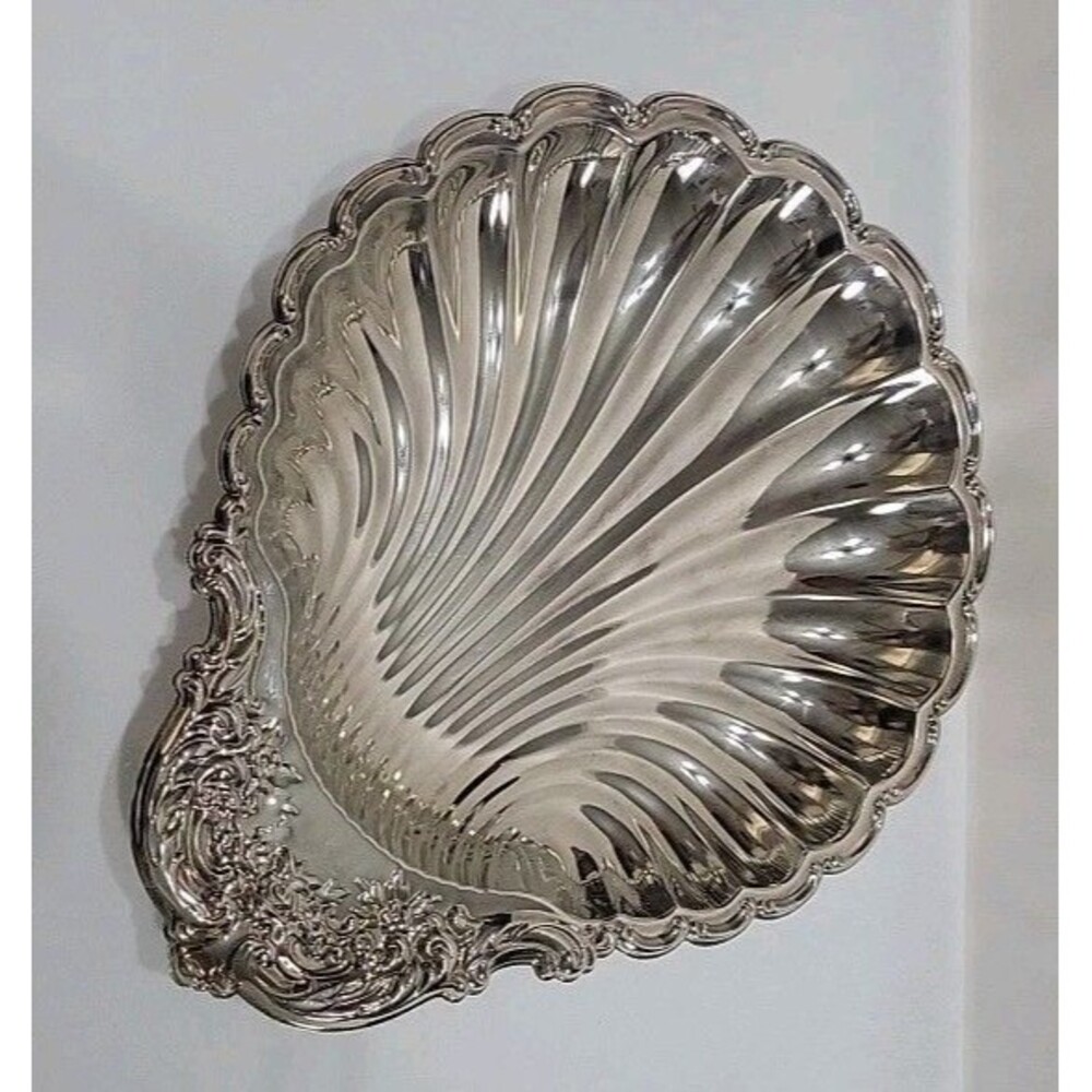 VTG Large Elegance E.P. Steel Clam Shell Serving Dish Tray - Ornate Floral 14"